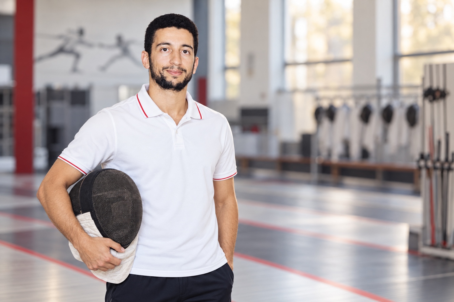 Omar Nahi holding a fencing mask in a fencing hall